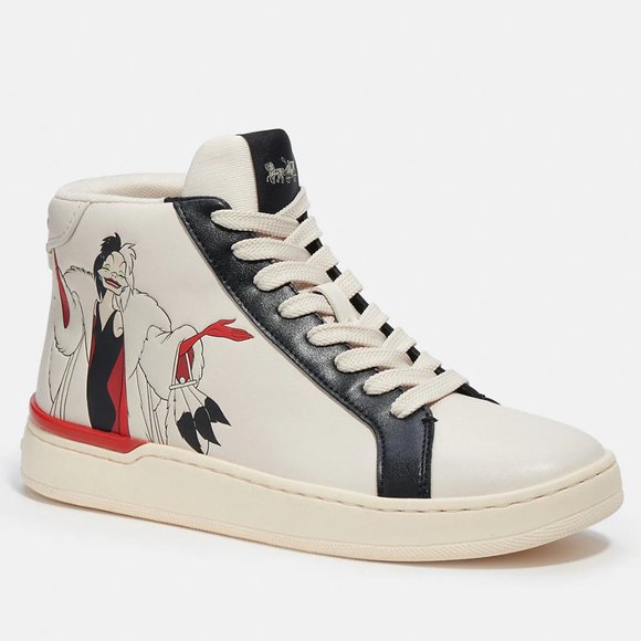 🥰 Disney X Coach Clip High Top Sneaker Cruella Motif Women - Picture 1 of 9
